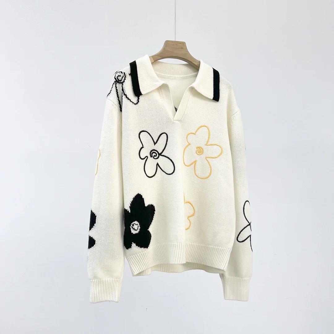Winter 2023 Autumn New and Womens Lapel Flower Embroidered Cashmere Sweater 0928